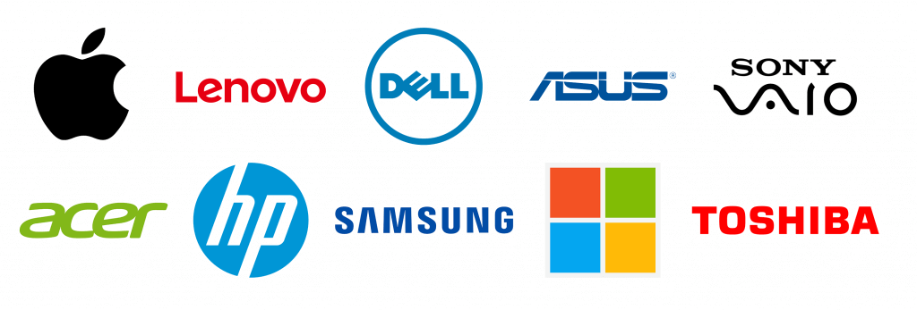 Apple, Lenovo, Dell, Asus, Sony Vaio, Acer, HP, Samsung, Windows and Toshiba.
